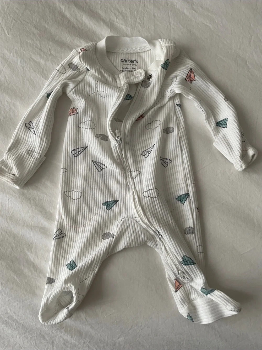 Carter's White Ribbed Footed One-Piece with Teal and Coral Paper Airplanes